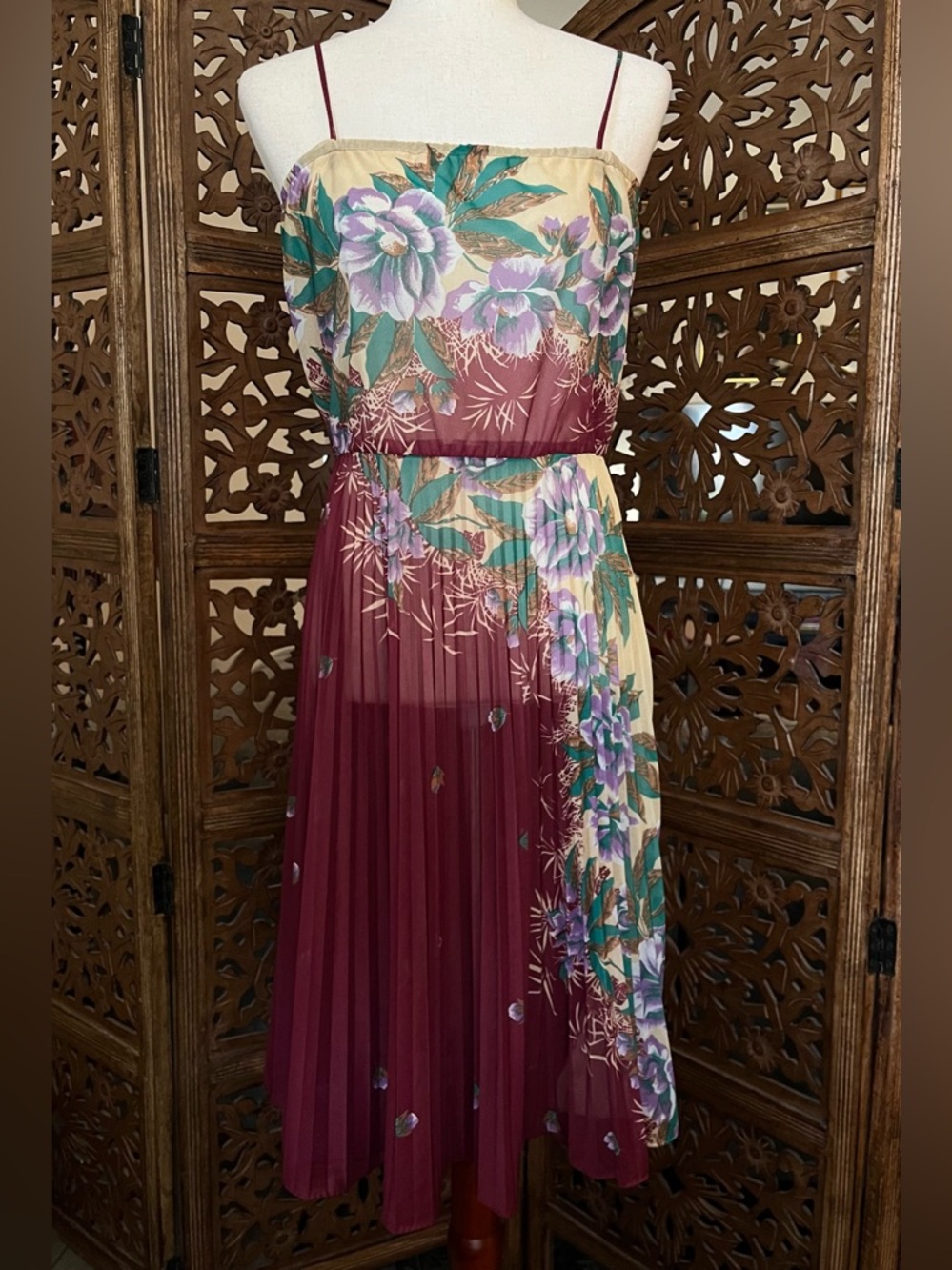 Vintage Floral Pleated Spaghetti Strap Dress Burgundy & Cream